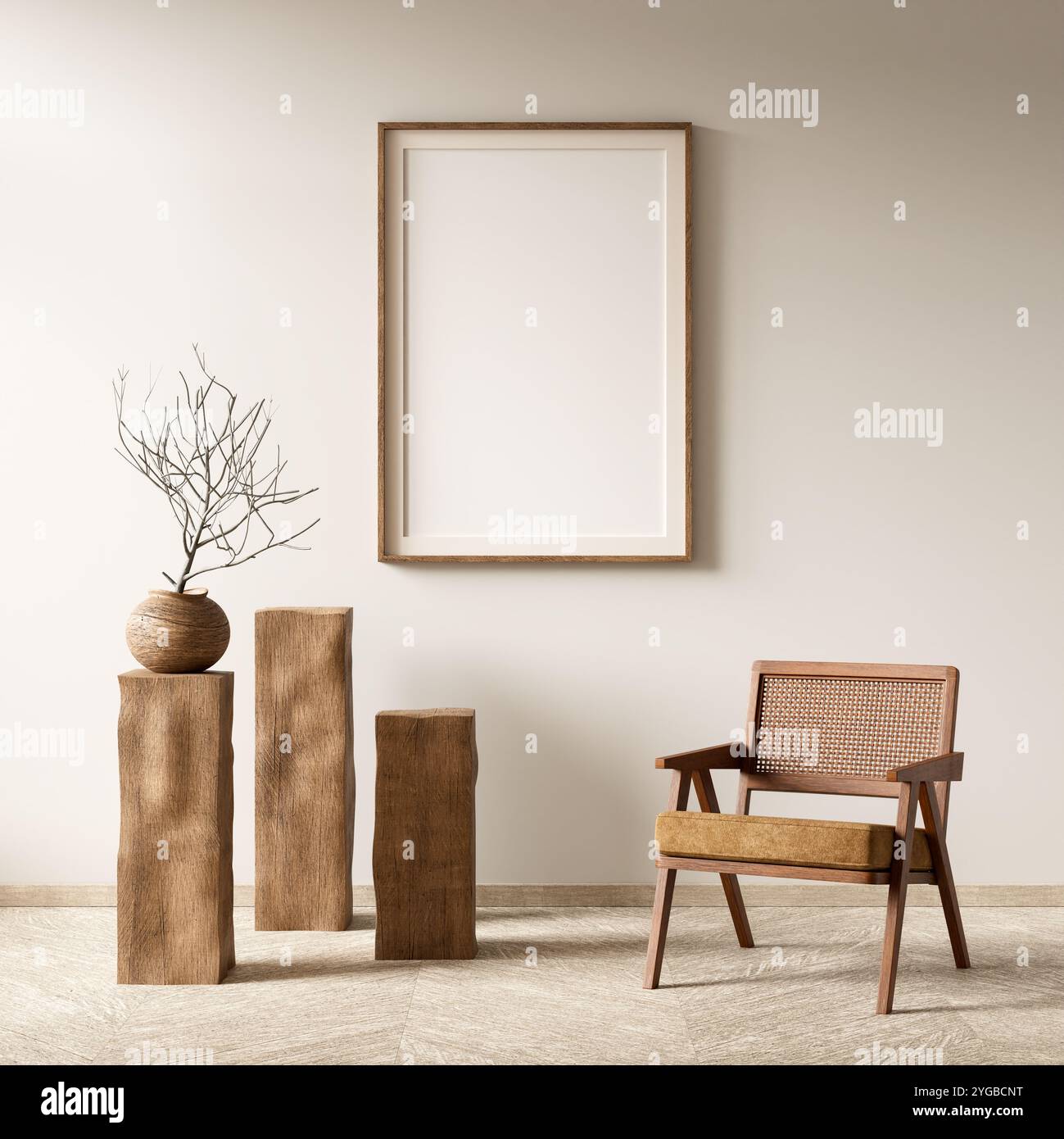 Telaio per poster in stile scandinavo. Soggiorno minimalista con arredi in legno. Illustrazione 3D. Foto Stock