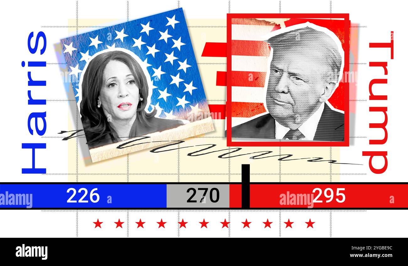 2024 risultati delle elezioni presidenziali. Ritratto di Donald Trump e Kamala Harris. Collage illustrativo fotografico per il 2024 United States pr Foto Stock