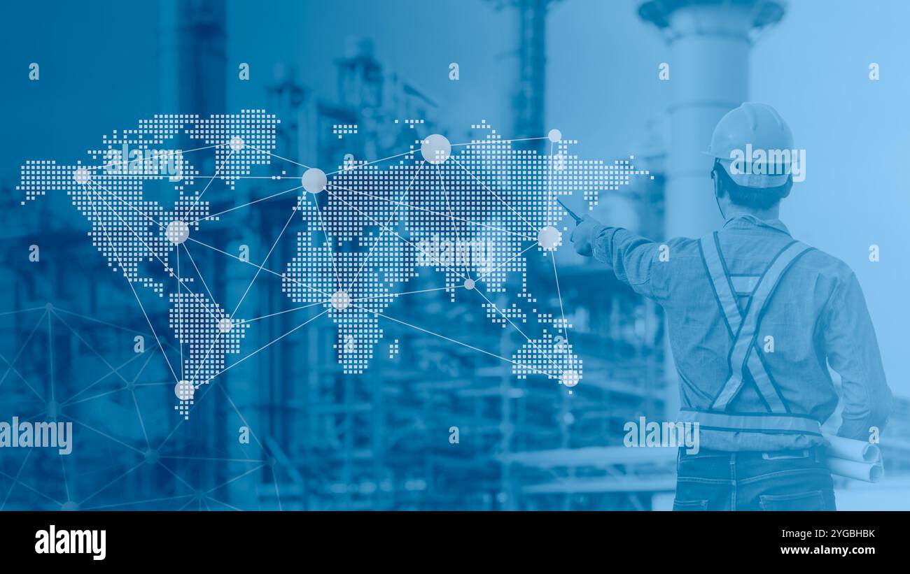Sovrapposizione dell'industria della raffineria petrolifera connessione mappa mondiale per il concetto di distribuzione e gestione aziendale. Foto Stock