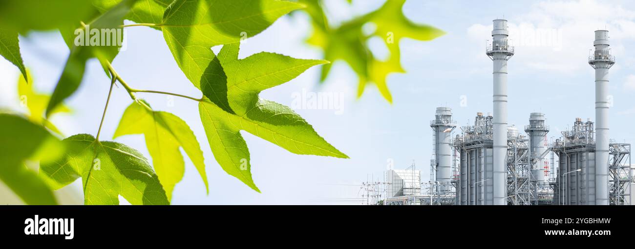 Pianta a foglia verde con Industry Power Factory per un ambiente ecologico moderno, basso inquinamento e impronta di carbonio ampia per lo sfondo del banner. Foto Stock