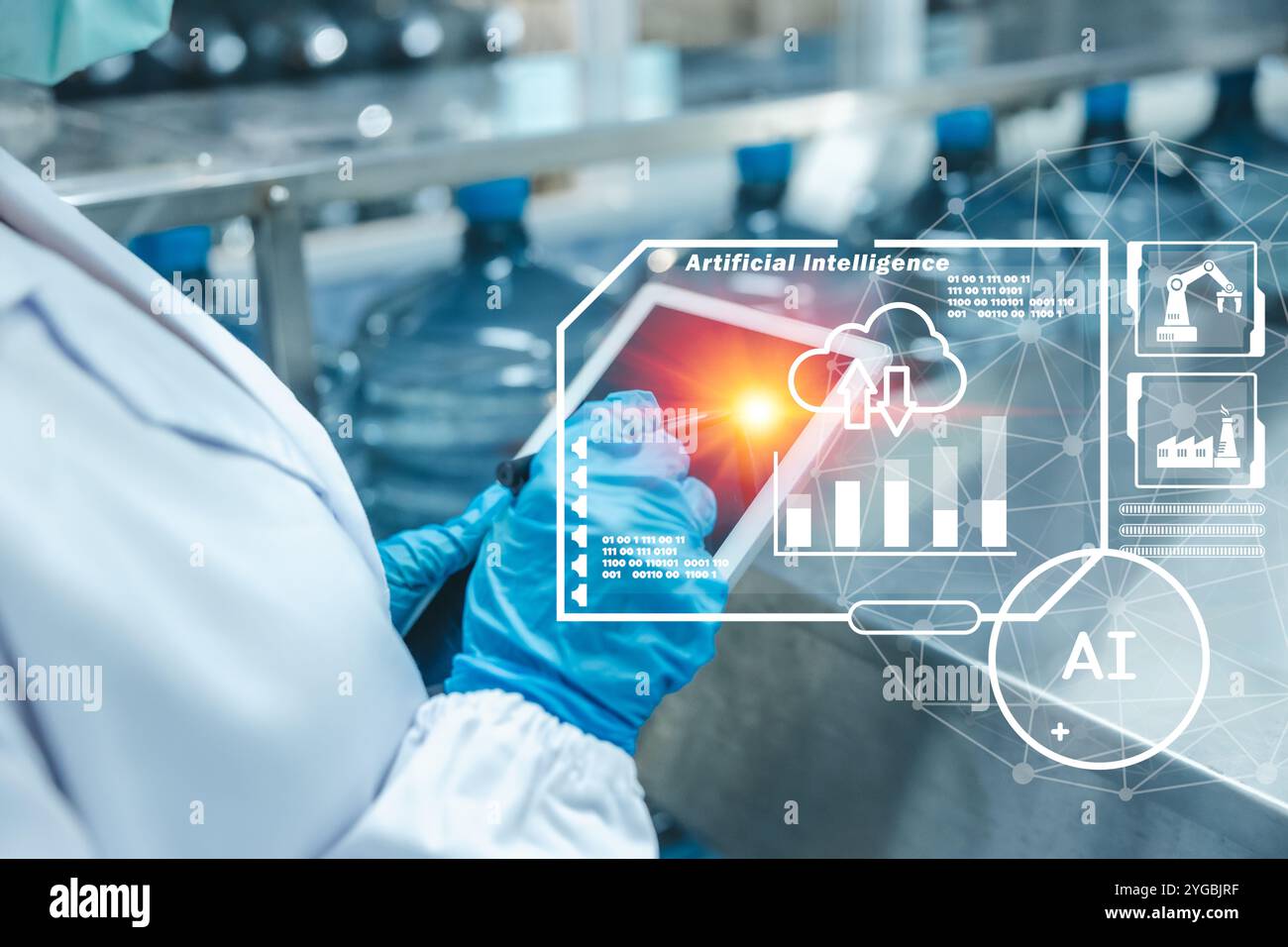 I lavoratori moderni che utilizzano un software applicativo di intelligenza artificiale per tablet su dispositivi palmari aiutano a controllare il funzionamento dell'impianto di produzione di acqua potabile. Foto Stock