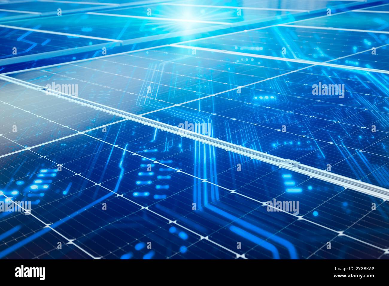 Smart Solar Cell o Digital Solar Panel System, tecnologia moderna per la rivoluzione energetica, fonte di alimentazione alternativa, modulo fotovoltaico. Foto Stock