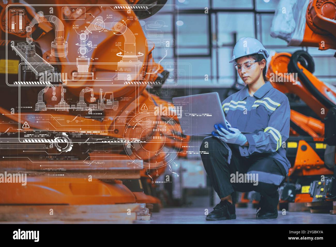 Il personale tecnico che utilizza laptop computer Technology software Program robot nell'industria robotica sovrappone l'HUD grafico moderno. Foto Stock