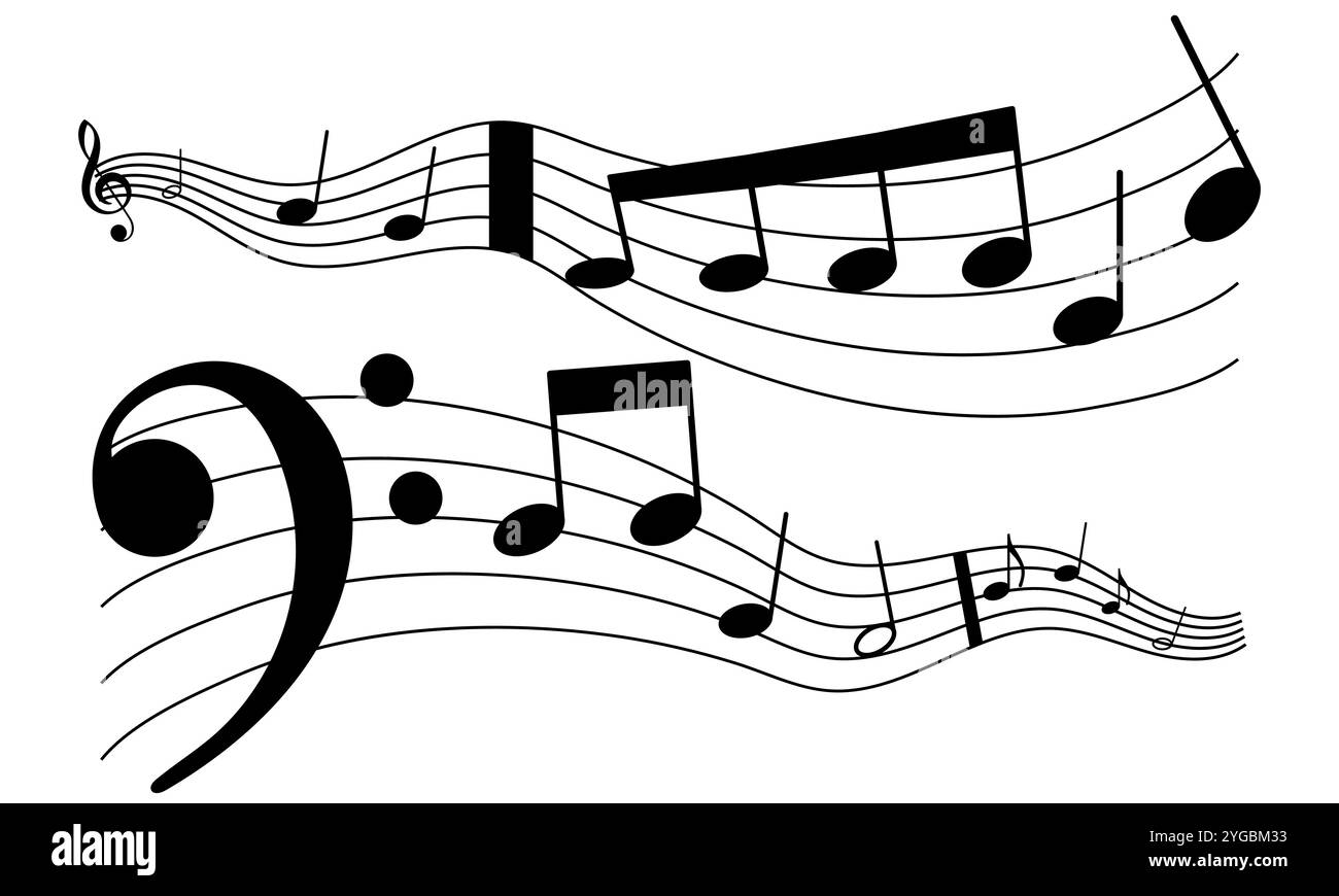 Note musicali ondulate e stave, acuti e bassi, musica o spartiti, vettore piatto Illustrazione Vettoriale