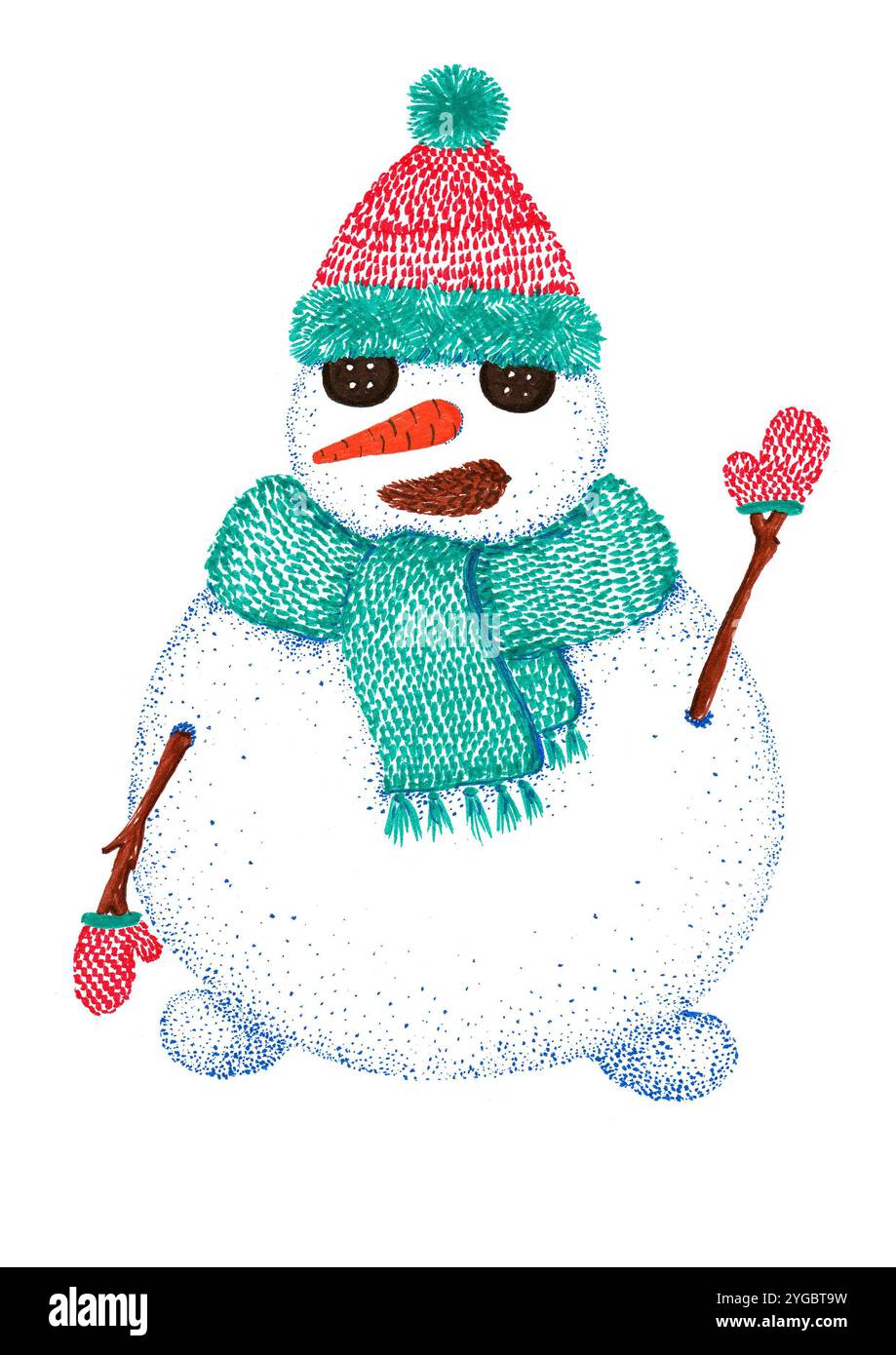 Illustrazione pupazzo di neve. Vestito con cappello, sciarpa e guanti a maglia. Sventolando con una mano. Naso di carota, occhi a bottone, sorriso a cono. Isolato su backgroun bianco Foto Stock