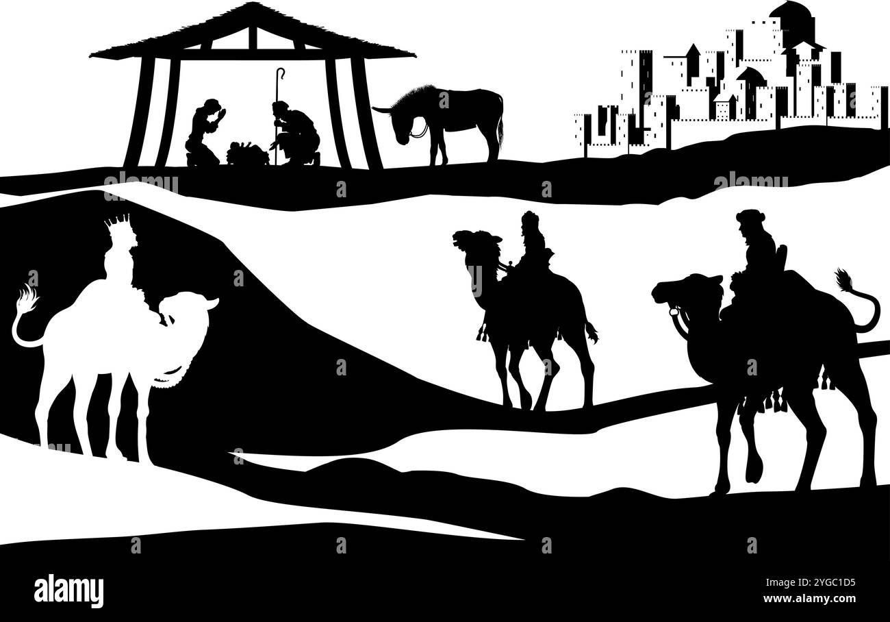Presepe natalizio Bethlehem Manger Wise Men Illustrazione Vettoriale