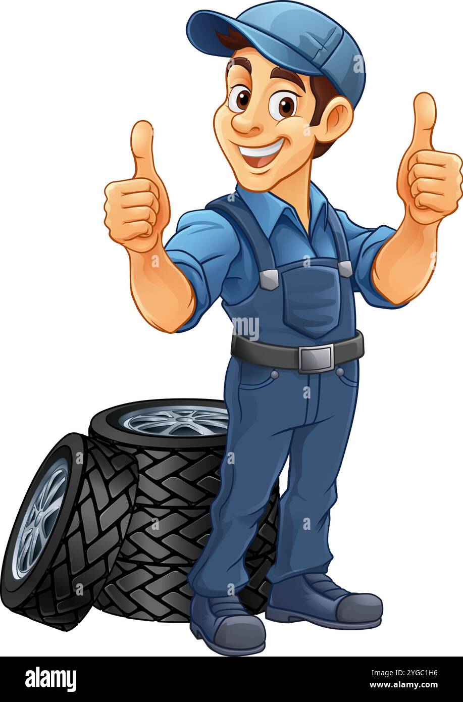 Pneumatico pneumatico meccanico per l'assistenza auto Mascotte Cartoon Man Illustrazione Vettoriale