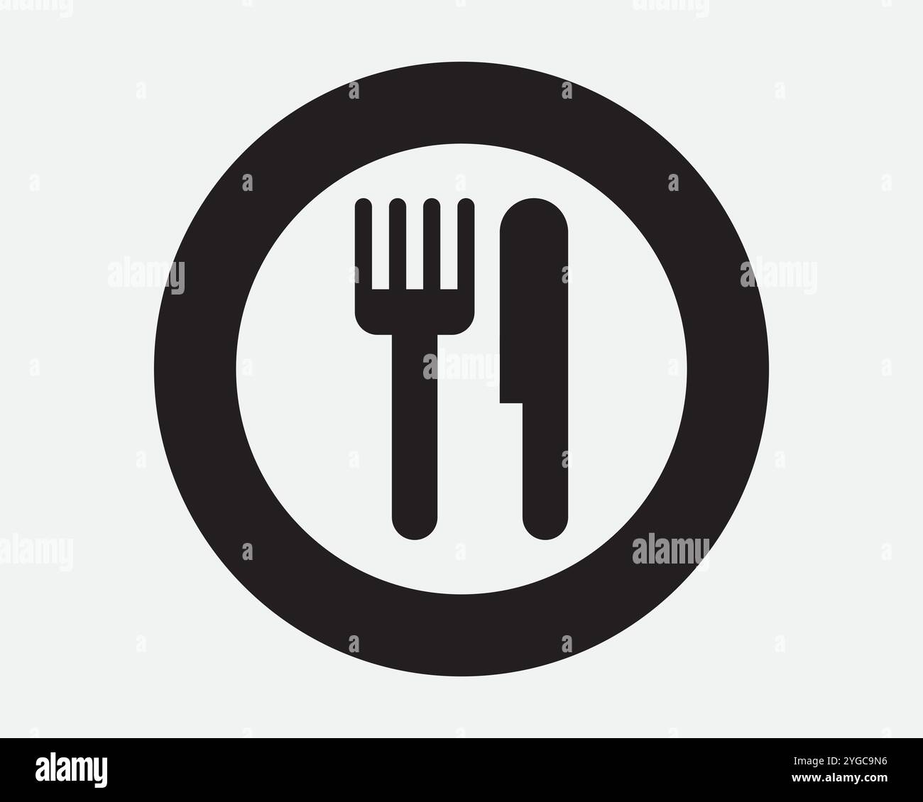 Cafe Restaurant Eatery Canteen Food Dining Fork Knife Eat Meal colazione, pranzo, cena, snack fast food, posate, insegna di cucina, contorno a forma di icona Black White Illustrazione Vettoriale