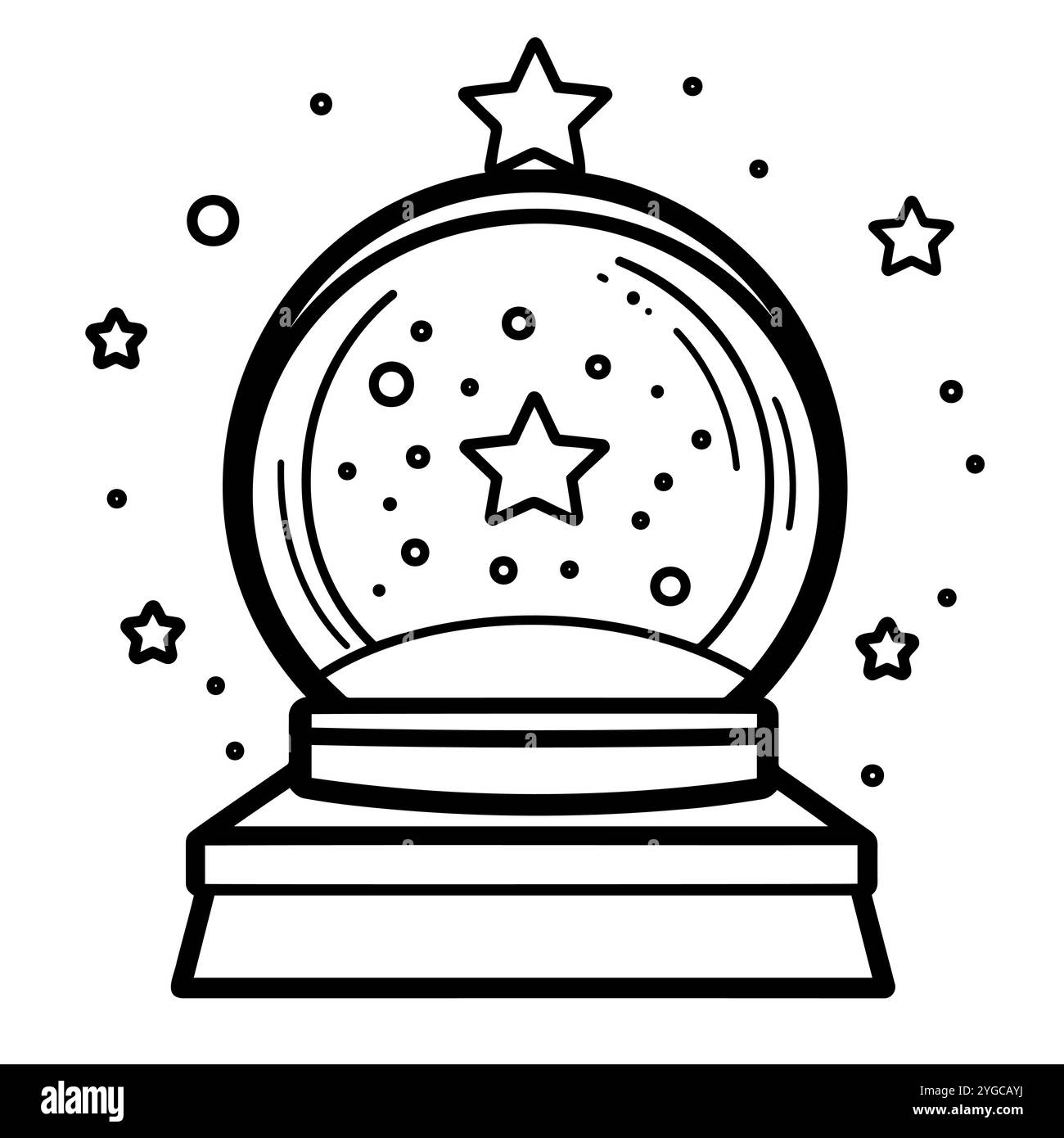 Globo di neve con stelle e neve che cade in bianco e nero Illustrazione Vettoriale