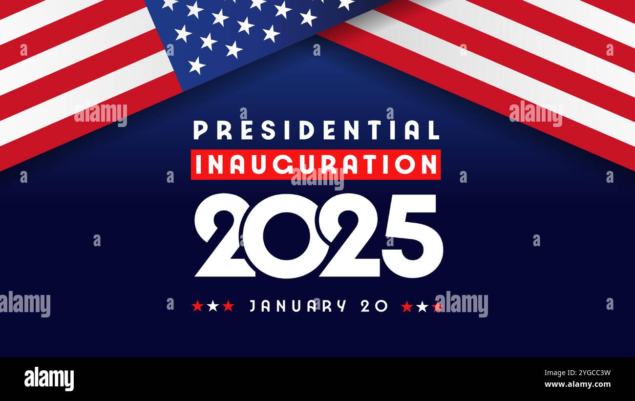 Striscione di inaugurazione presidenziale degli Stati Uniti 2025 con bandiere degli Stati Uniti. Diapositiva web modificabile per il Presidential Inauguration Day 20 gennaio 2025. Illustrazione vettoriale Illustrazione Vettoriale