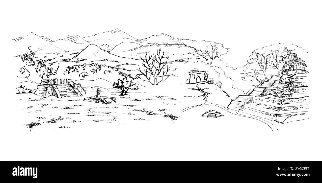 Paesaggio di montagne, rovine piramidali azteche mesoamericane, pascoli alberi vista disegnata a mano in inchiostro, isolata sul bianco. Illustrazione per Illustrazione Vettoriale