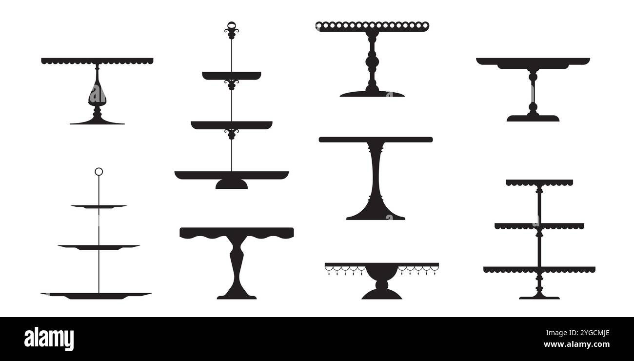 Vassoio di torta per il tè nuziale, sagoma del vassoio con piedistallo isolato. Supporto da tavolo retro, piedistallo e piatto da esposizione per dessert, dolci e pasticcini. Servire Illustrazione Vettoriale