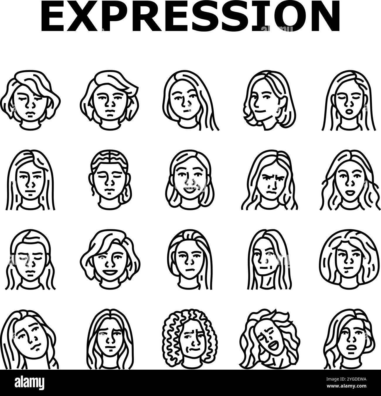 le icone del sorriso femminile dell'espressione facciale impostano il vettore Illustrazione Vettoriale