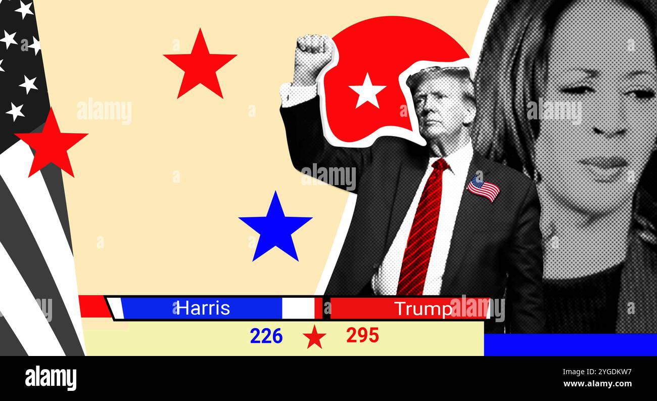 Ritratto di Donald Trump e Kamala Harris. Collage fotografico illustrativo con effetto mezzitoni. Collage illustrativi per la United Stat del 2024 Foto Stock