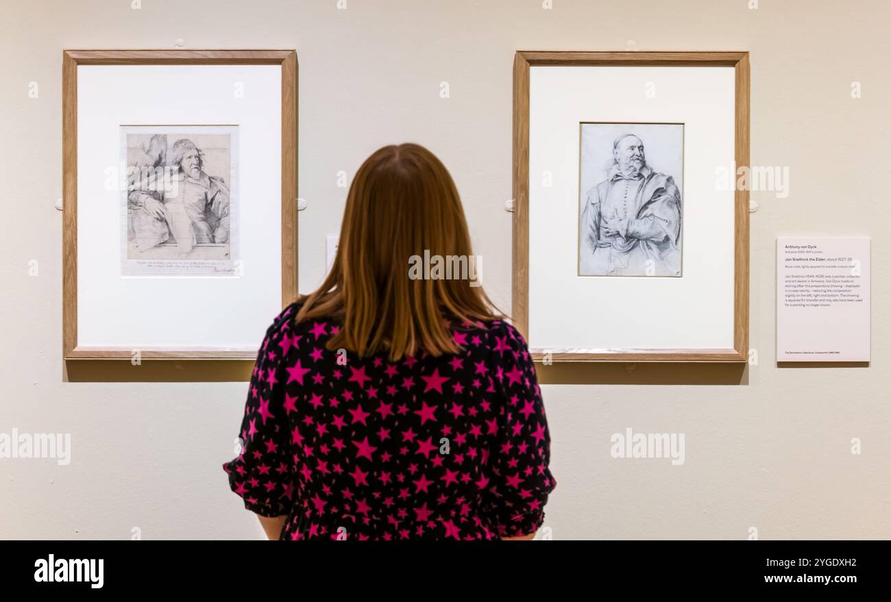 Royal Scottish Academy, Edimburgo, Scozia, Regno Unito, 7 novembre 2024. Mostra della Royal Scottish Academy Dürer to Van Dyck preview: Disegni dalla straordinaria collezione di disegni di Chatsworth House, un'opportunità unica per vedere quasi 50 disegni raramente visti da nomi famosi dell'arte europea. Nella foto: Ritratti di van Dyck. Sally Anderson: Sally Anderson/Alamy Live News Foto Stock