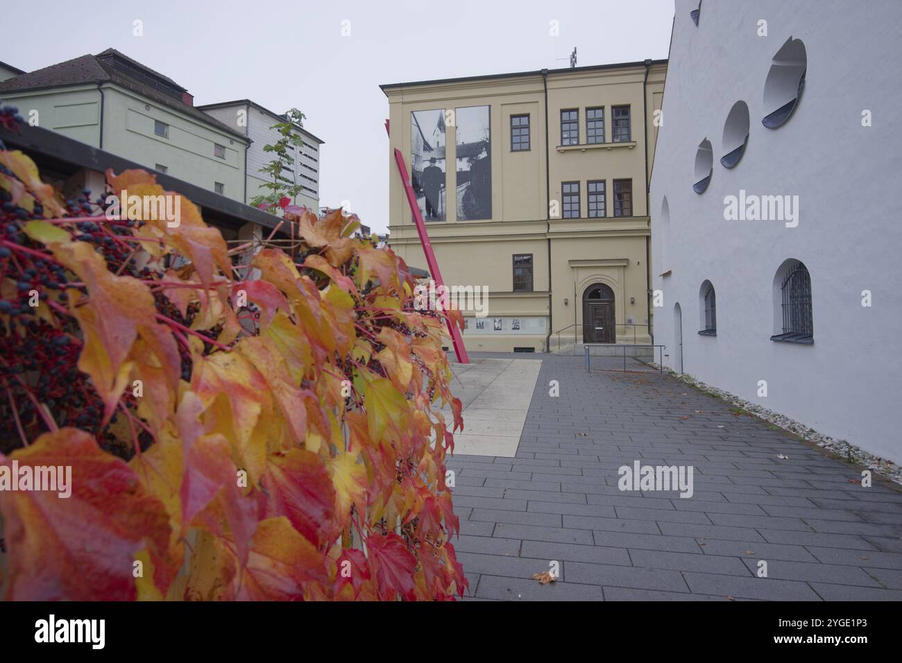 Pannelli informativi e fotografie sulla facciata della casa, la chiesa cittadina, San Giovanni Battista, Pfaffenhofen an der ILM, Ilmtal, Hallertau, Hopfenland, Baviera Foto Stock