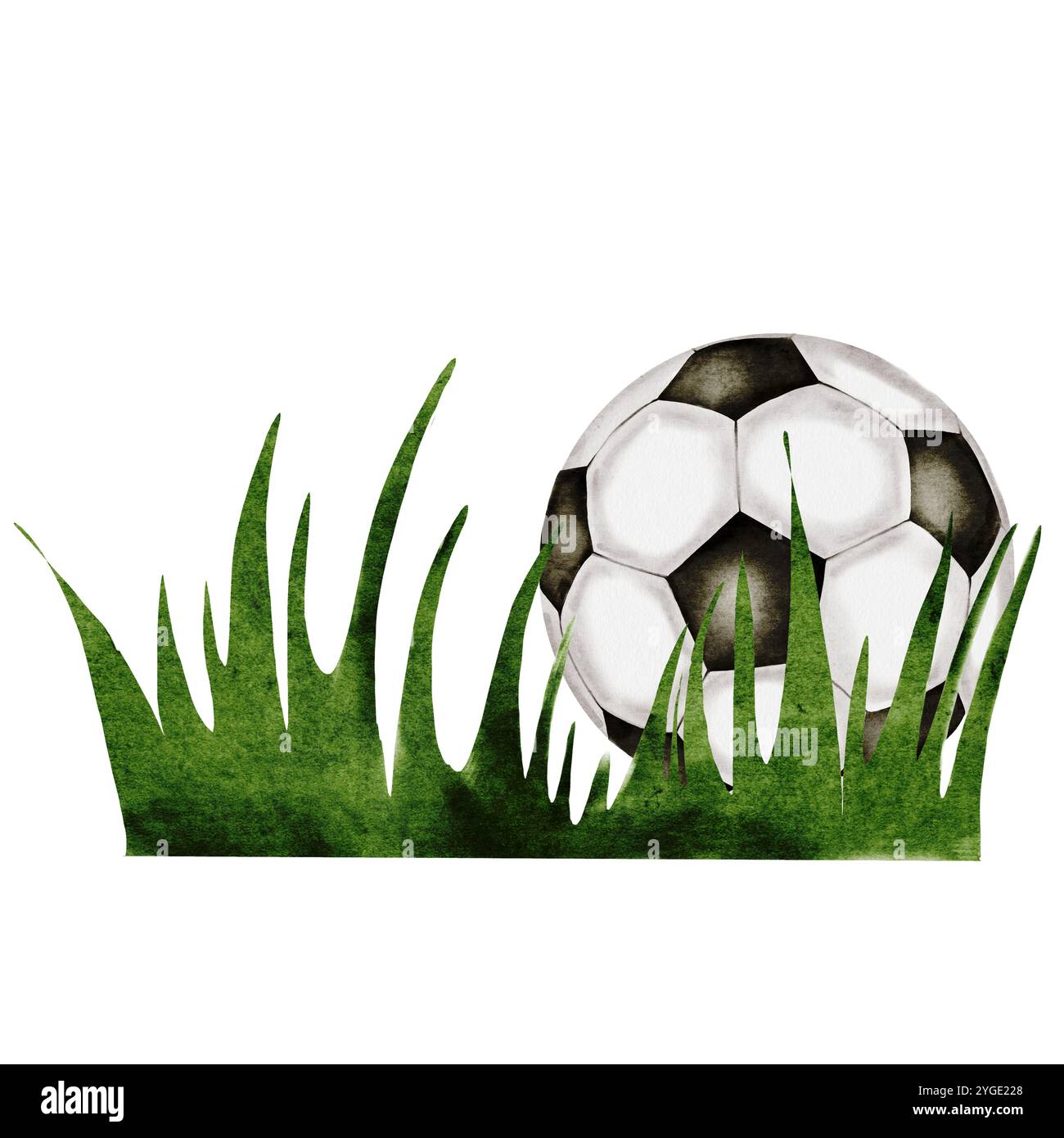 Pallone da calcio acquerello. Pallina da calcio sull'erba illustrazione disegnata a mano isolata su sfondo bianco. Attrezzature sportive. Per il logo della squadra di calcio Foto Stock