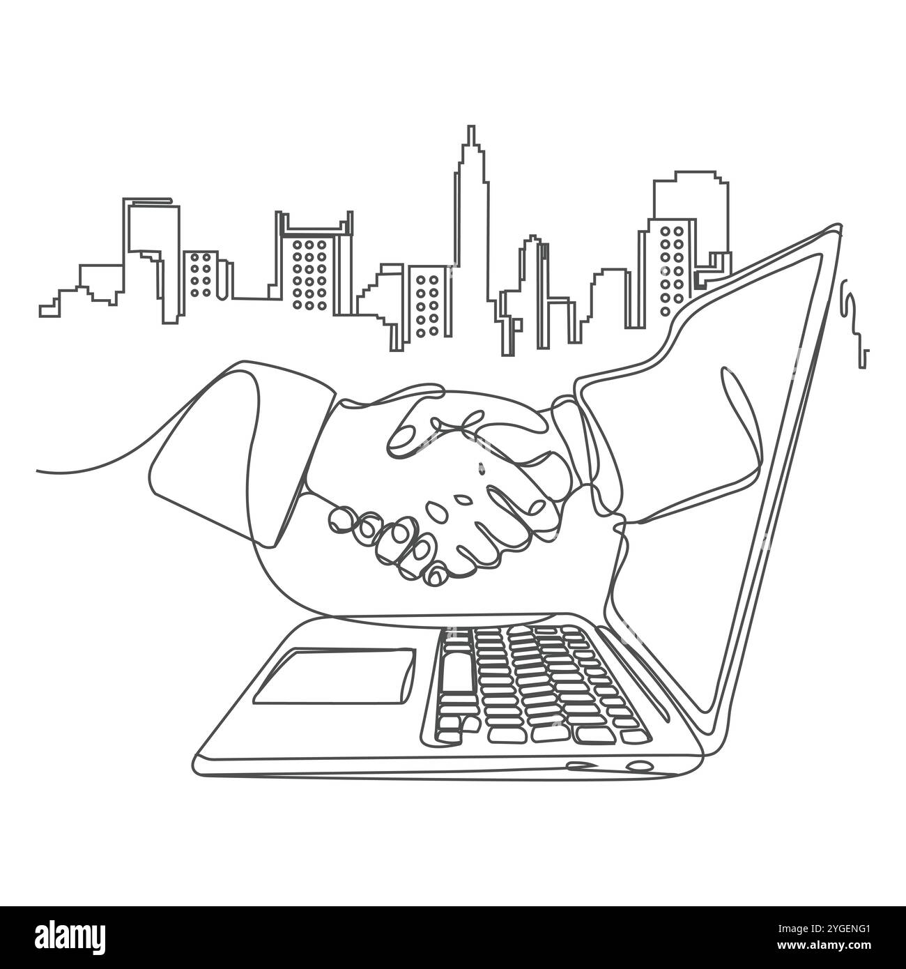 Disegno continuo di uomini d'affari che stringono la mano per gestire transazioni digitali. Disegno grafico su una linea. La mano dell'illustrazione vettoriale viene estratta Illustrazione Vettoriale