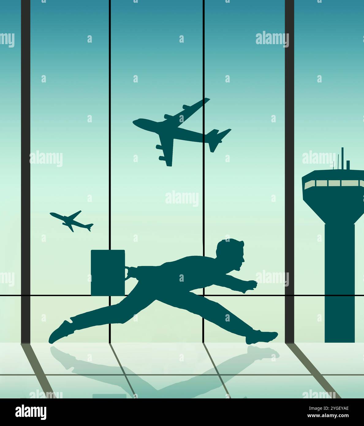 Un uomo d'affari fa un giro per l'aeroporto cercando di arrivare al suo aereo prima di lasciare il cancello, in un'illustrazione di viaggi d'affari, viaggi aerei, Foto Stock