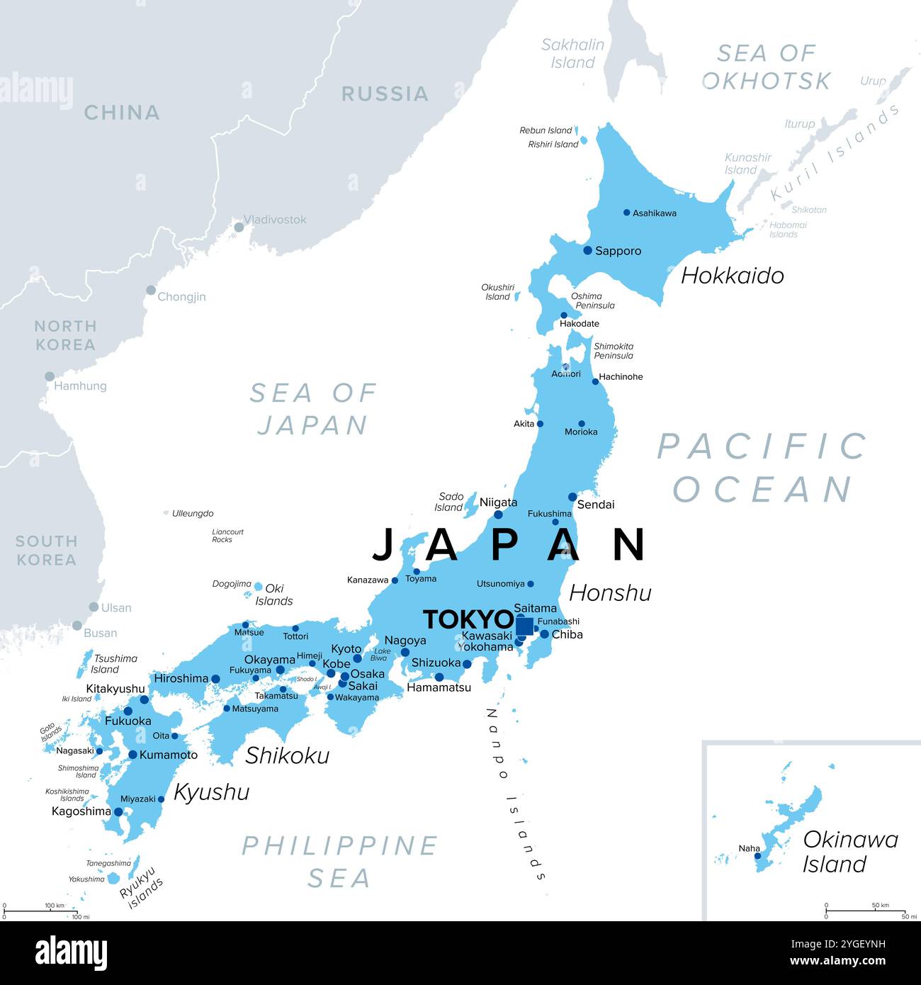 Giappone, un paese insulare nell'Asia orientale, mappa politica, con la capitale Tokyo e le isole principali Honshu, Hokkaido, Kyushu, Shikoku e Okinawa. Foto Stock