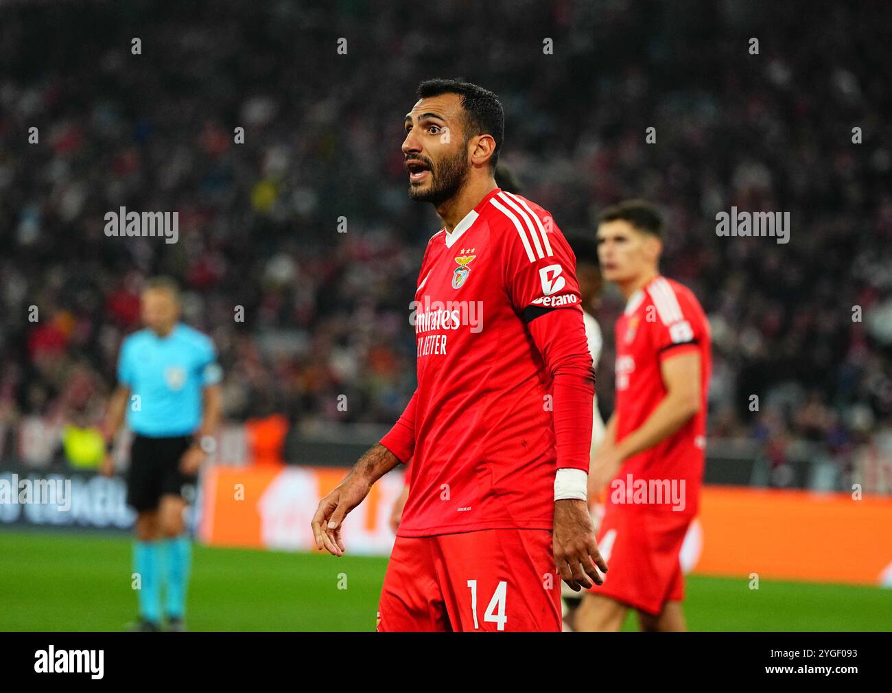 Allianz Areana, Monaco, Germania. 6 novembre 2024. Vangelis Pavlidis del Benfica guarda durante una partita del quarto turno di Champions League, Bayern Monaco contro Benfica, all'Allianz Areana di Monaco, Germania. Ulrik Pedersen/CSM/Alamy Live News Foto Stock