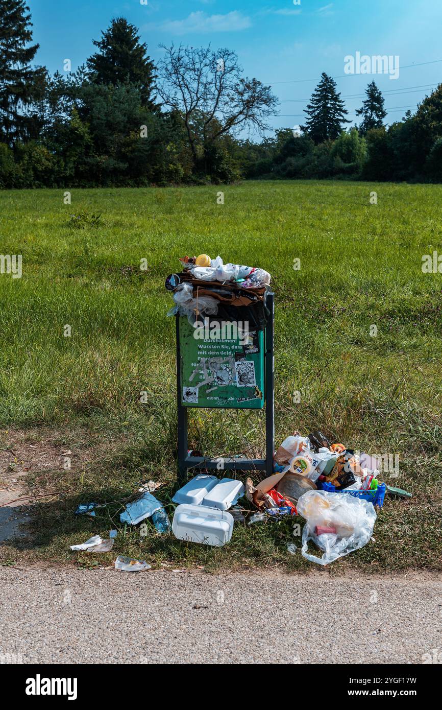 un traboccante di rifiuti in un parco Foto Stock