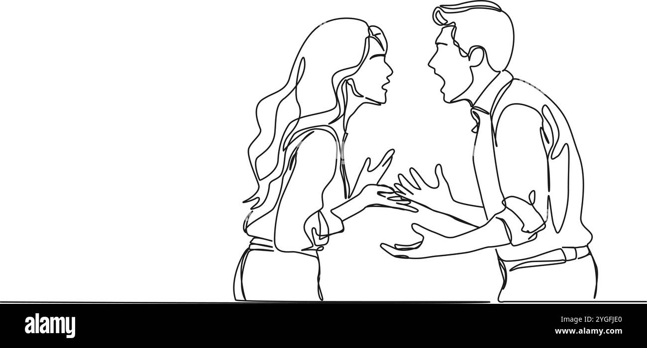 disegno continuo a linea singola di coppie che litigano e urlano l'un l'altro, illustrazione vettoriale di line art Illustrazione Vettoriale