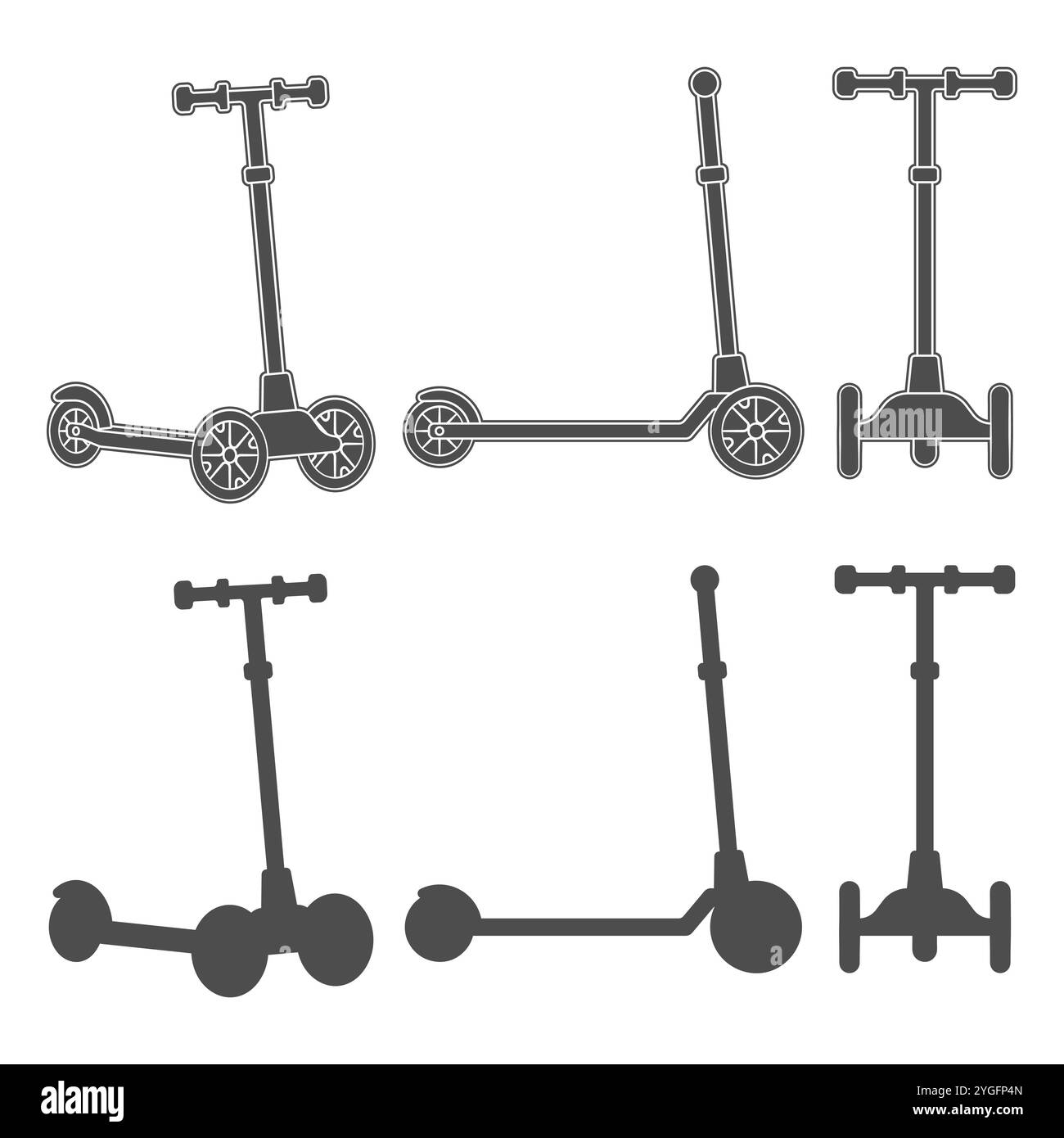 Set di illustrazioni in bianco e nero con scooter a tre ruote per bambini. Oggetto vettoriale isolato su sfondo bianco. Illustrazione Vettoriale