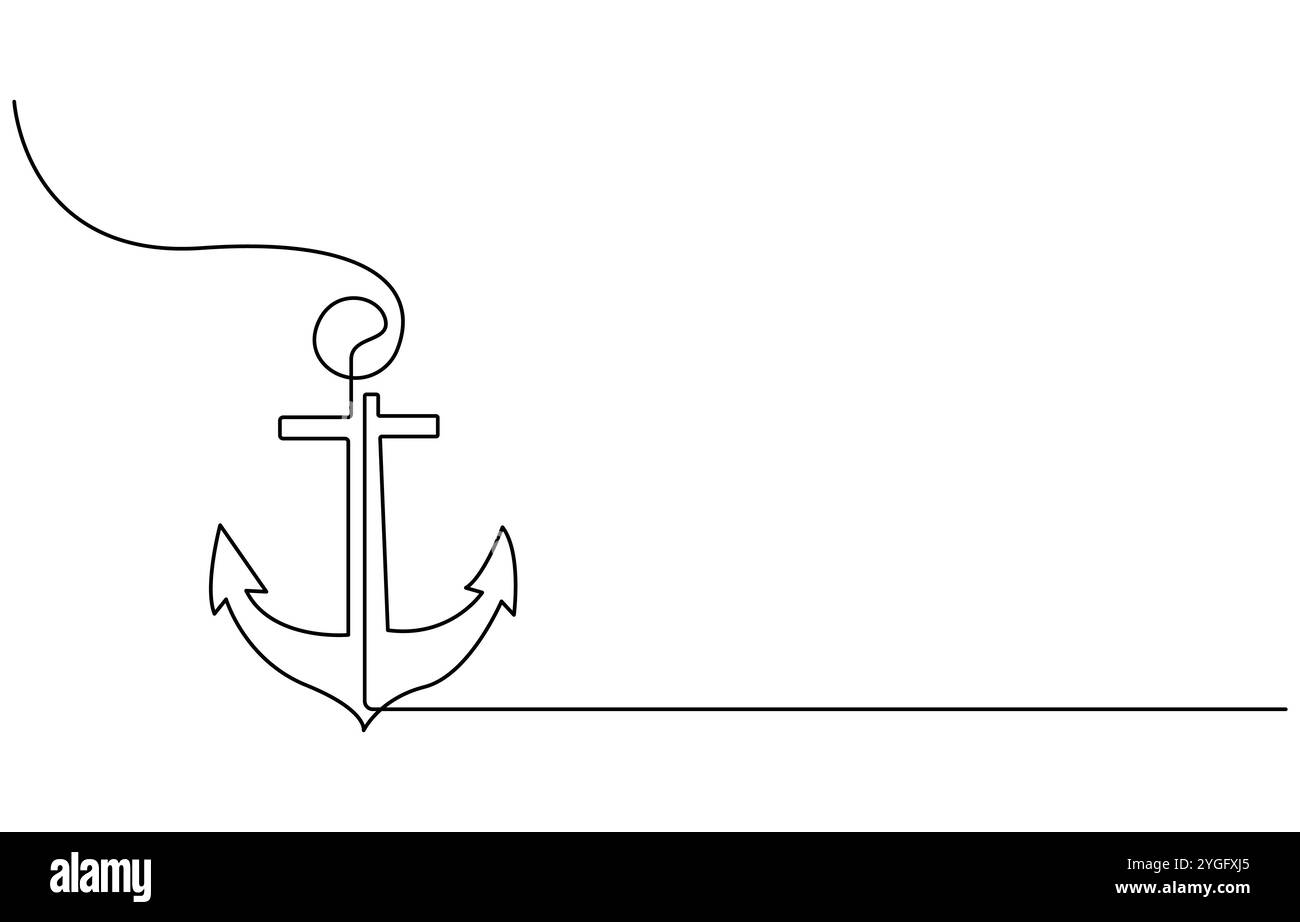 Disegno continuo di una linea dell'ancora. Semplice illustrazione dell'elemento nautico marittimo line art Illustrazione Vettoriale