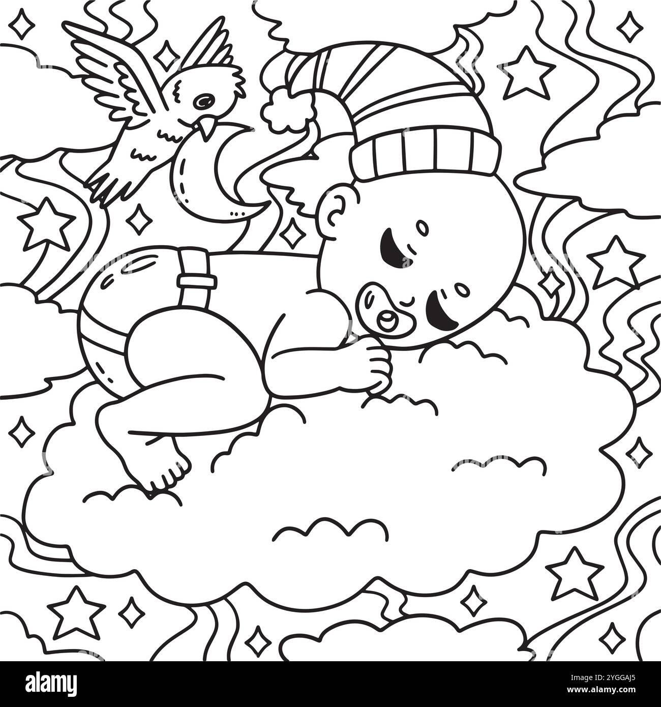 Baby shower Baby Baby Sleeping on Clouds Coloring Page Illustrazione Vettoriale