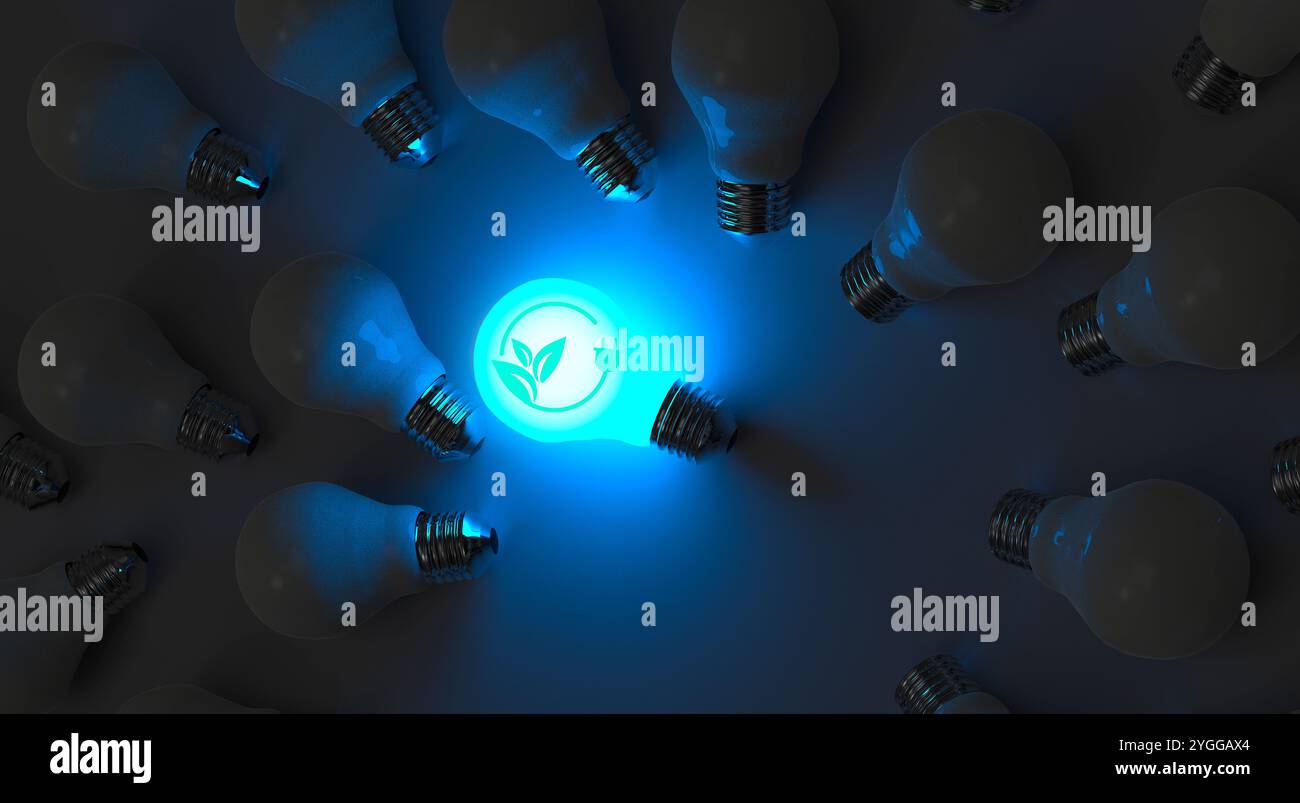 Lampadina ecocompatibile illuminata in mezzo alle lampadine buie - concetto di energia verde Foto Stock
