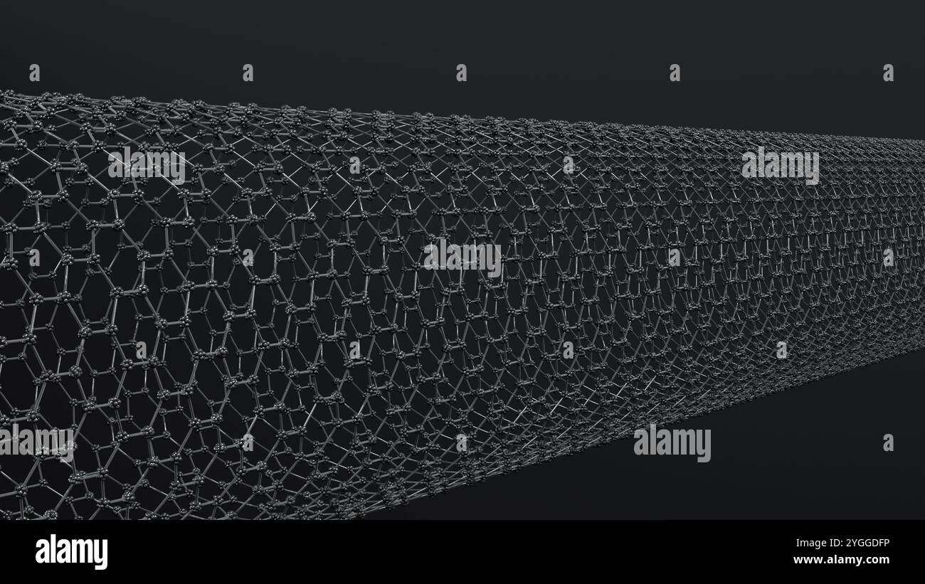 Illustrazione 3d del piano reticolare in cristallo del tubo di macro grafene delle celle esagonali Foto Stock