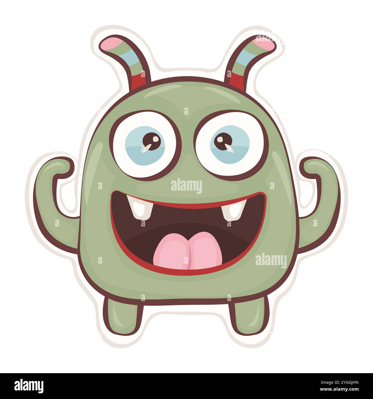 Simpatico adesivo mostro, personaggio verde vettoriale, avatar hippy e trippy, illustrazione funky alla moda Illustrazione Vettoriale