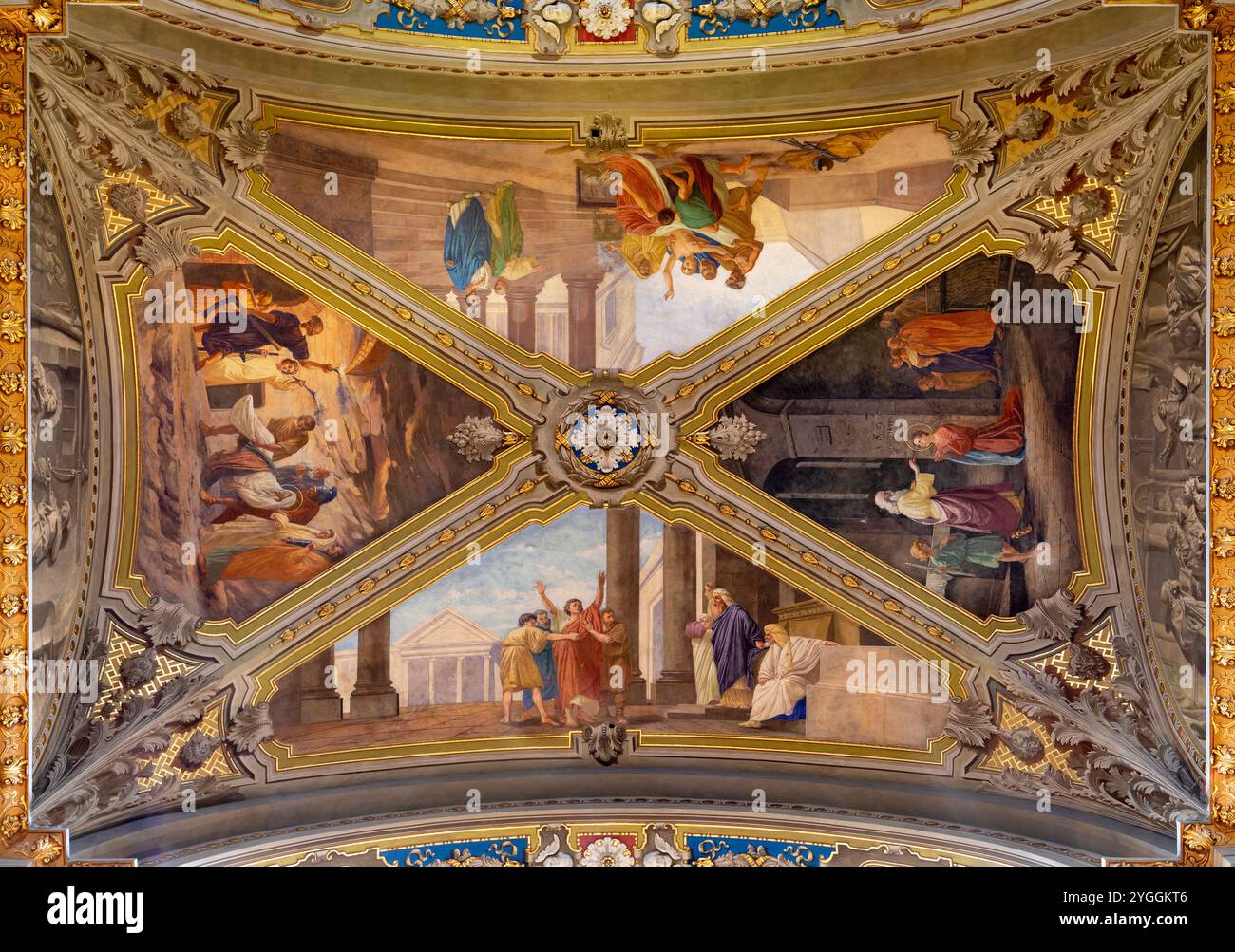 VOGHERA, ITALIA - 12 SETTEMBRE 2024: Affresco a soffitto con scene della vita di San Lorenzo dalla navata laterale di Domo - Collegiata di San Lorenzo Foto Stock