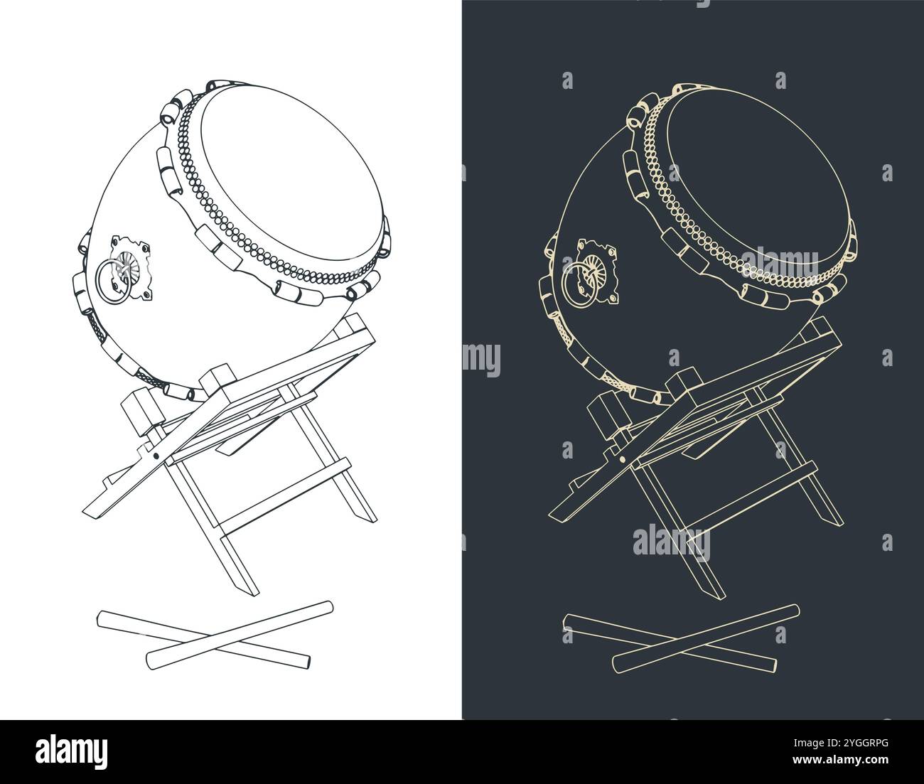 Illustrazioni vettoriali stilizzate di tamburi taiko. Strumento tradizionale giapponese Illustrazione Vettoriale