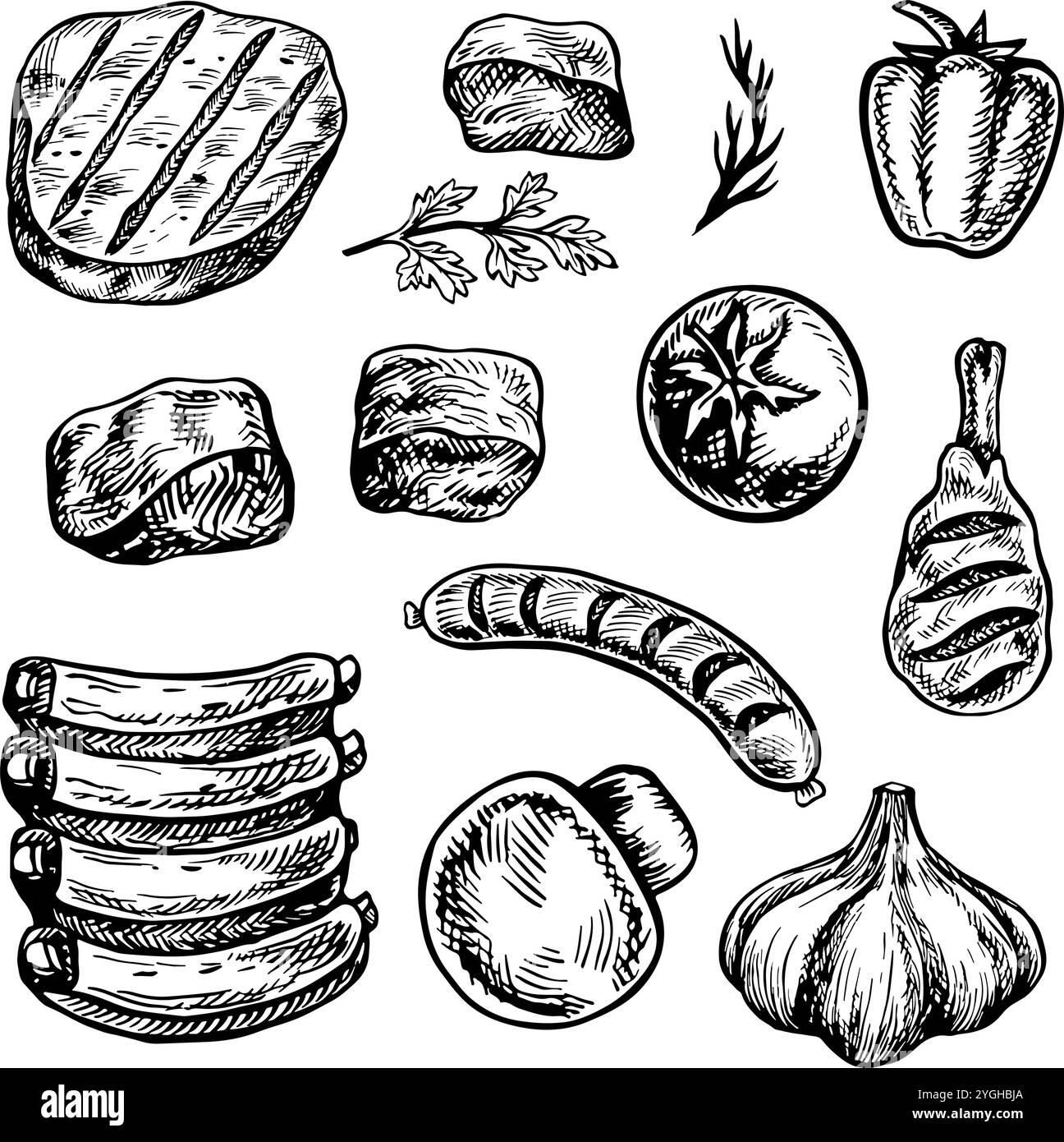 Un set di carne e verdure per barbecue e picnic. Grafica vettoriale con immagini di carne fritta e verdure di vario tipo. Mano in bianco e nero- Illustrazione Vettoriale