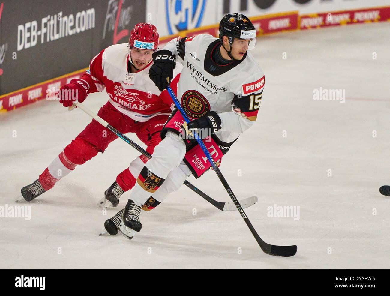 Landshut, Germania. 7 novembre 2024. Stefan Loibl Nr.15 della Germania gareggiano, zweikampf, combattono per il puck contro Oliver Kjaer, 6al match GERMANIA - DANIMARCA DEB HOCKEY SU GHIACCIO DEUTSCHLAND CUP a Landshut, Germania, 7 novembre 2024, stagione 2024/2025. Fotografo: ddp Images/STAR-Images credito: ddp media GmbH/Alamy Live News Foto Stock