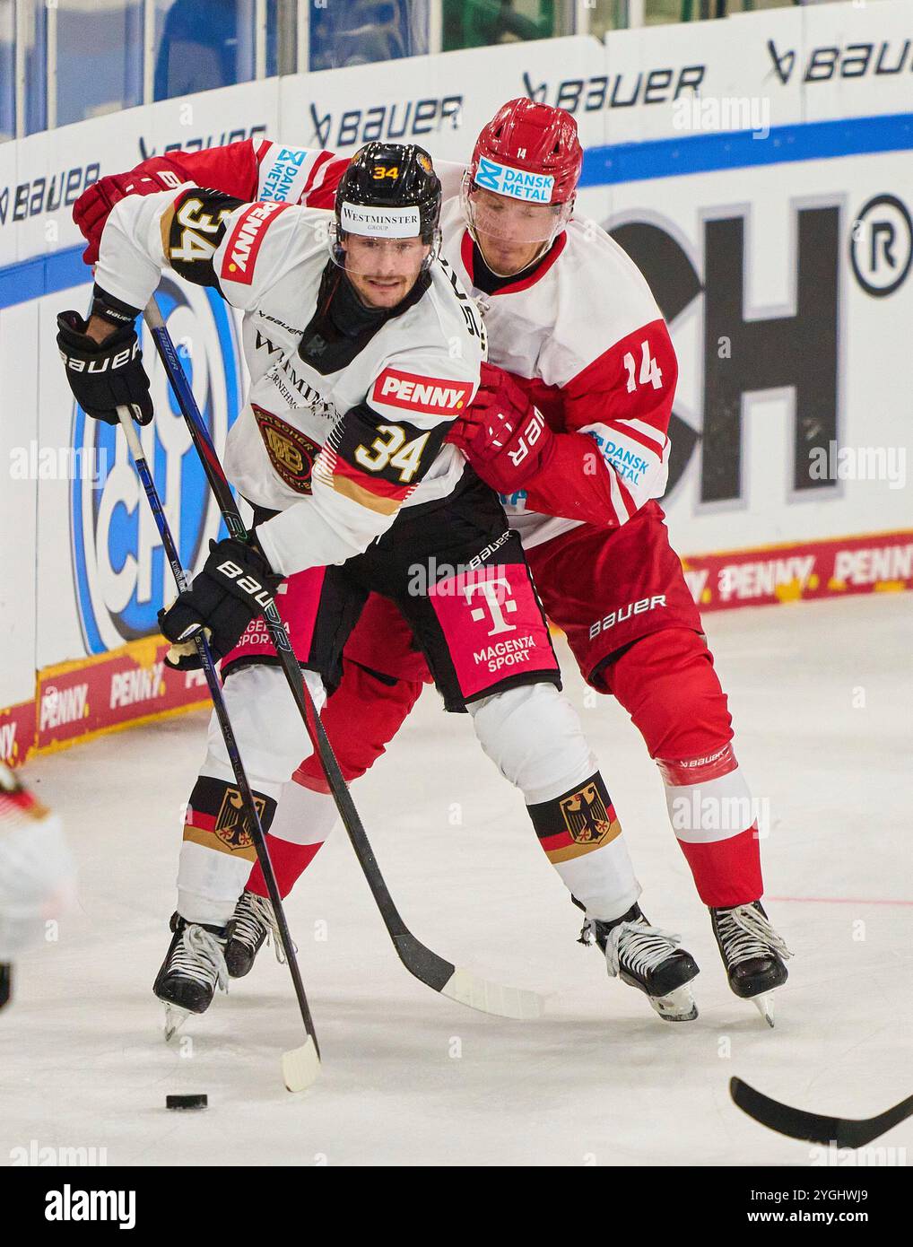 Landshut, Germania. 7 novembre 2024. Tom Kuehnhackl Nr. 34 della Germania gareggiano, zweikampf, combattono per il puck contro Jacob Gammelgaard, 14 anni alla partita GERMANIA - DANIMARCA DEB HOCKEY SU GHIACCIO DEUTSCHLAND CUP a Landshut, Germania, 7 novembre 2024, stagione 2024/2025. Fotografo: ddp Images/STAR-Images credito: ddp media GmbH/Alamy Live News Foto Stock