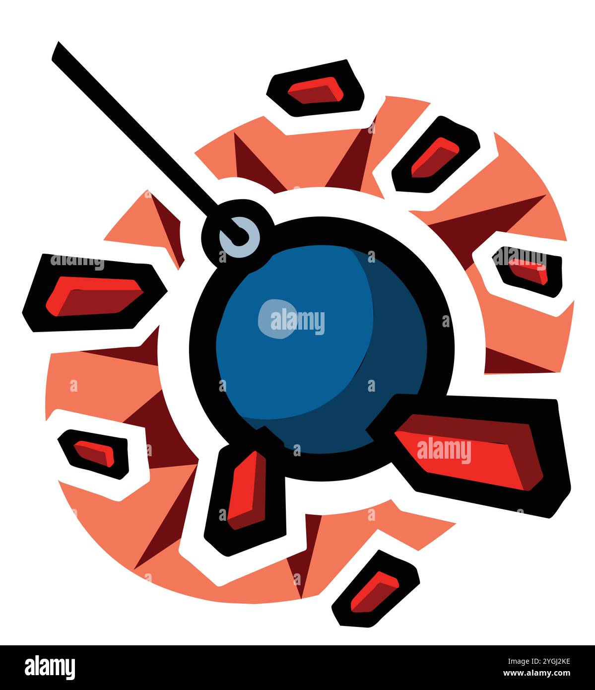Fai esplodere una piccola bomba rotonda con nuvole di luce festose su sfondo nero, stampa un'icona astratta Illustrazione Vettoriale