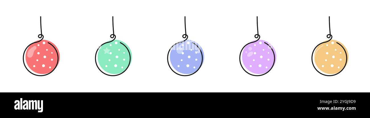 Set di icone di decorazioni per alberi di Natale. Un set di coloratissimi giocattoli natalizi. Palle natalizie per la decorazione. Vettore interno natalizio. Atmosfera di Capodanno Illustrazione Vettoriale