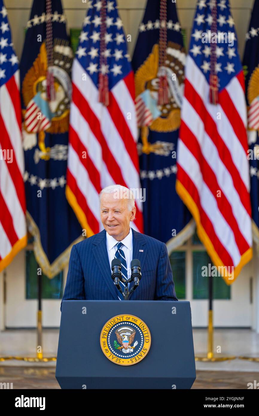 WASHINGTON DC, USA - 7 novembre 2024 - il presidente degli Stati Uniti Joe Biden pronuncia le sue osservazioni alla nazione dopo i risultati delle elezioni presidenziali del 2024, Thu Foto Stock