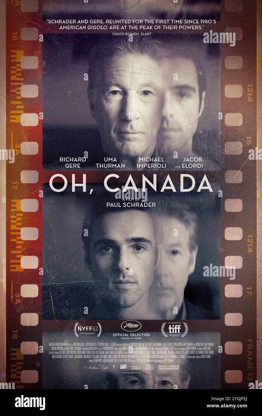 Oh Canada (2024) diretto da Paul Schrader e interpretato da Richard Gere, Uma Thurman, Jacob Elordi e Michael Imperioli. Un regista morente riflette sul suo passato come evasore della guerra del Vietnam in Canada. US un foglio poster ***SOLO PER USO EDITORIALE***. Crediti: BFA / Kino Lorber Foto Stock