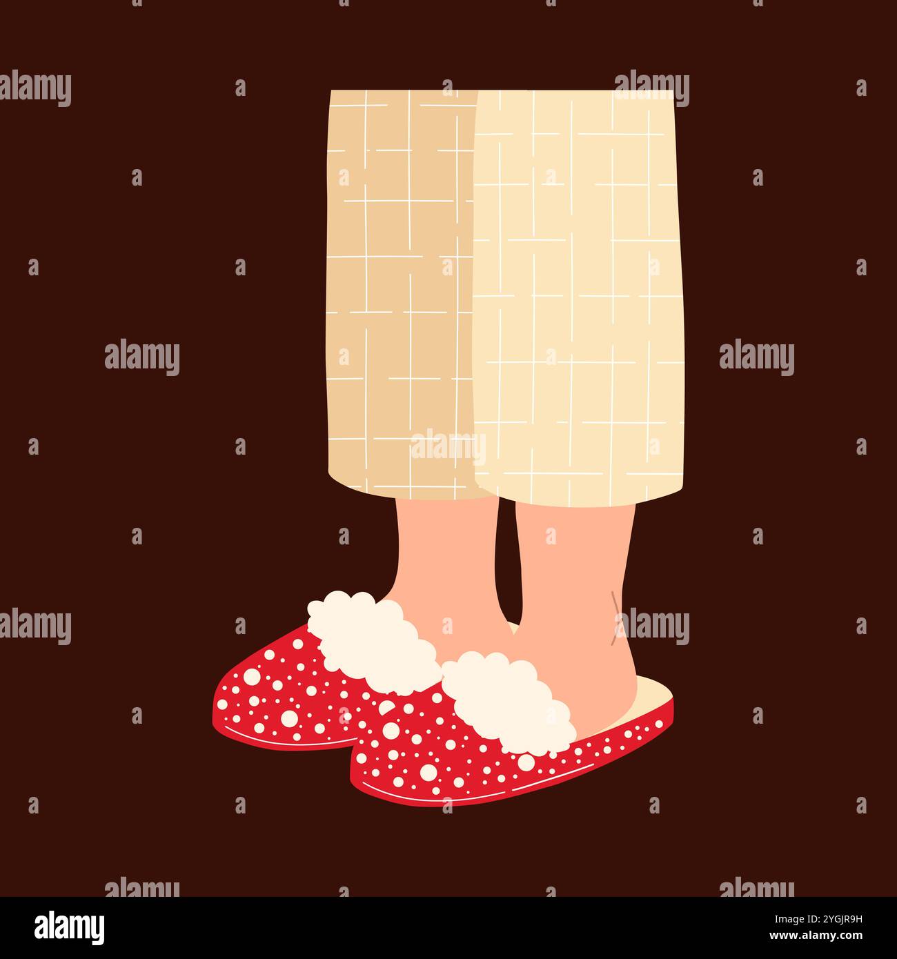 Gambe in pigiama a righe beige e comode pantofole rosse. Illustrazione vettoriale disegnata a mano durante il Natale. Illustrazione Vettoriale