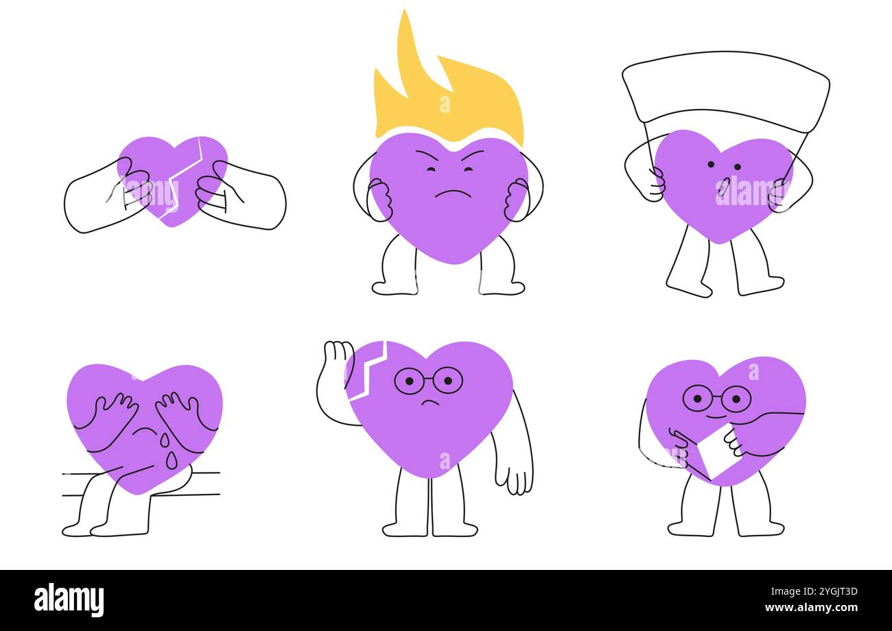 Adesivi per il cuore che raffigurano le emozioni umane, tra cui il popolare gesto cardiaco del dito, simbolo di amore, rispetto e affetto Illustrazione Vettoriale