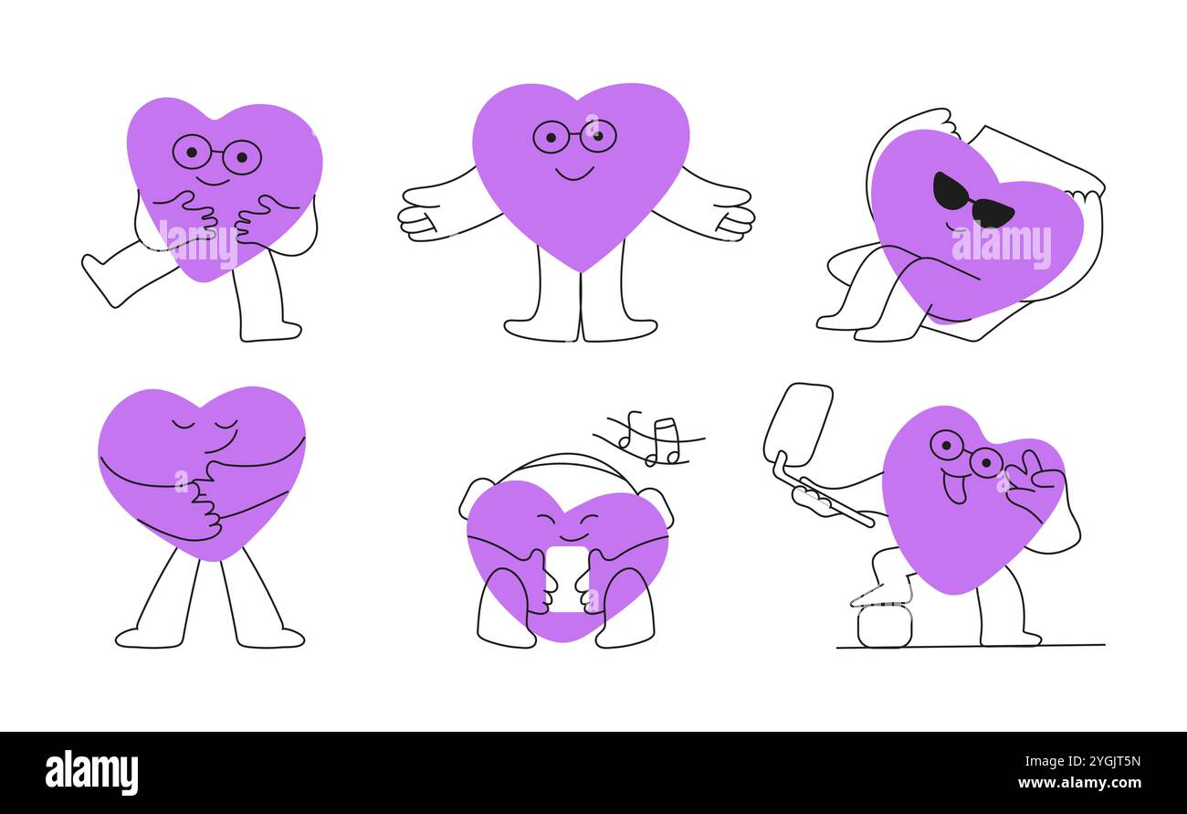 Adesivi per il cuore che raffigurano le emozioni umane, tra cui il popolare gesto cardiaco del dito, simbolo di amore, rispetto e affetto Illustrazione Vettoriale