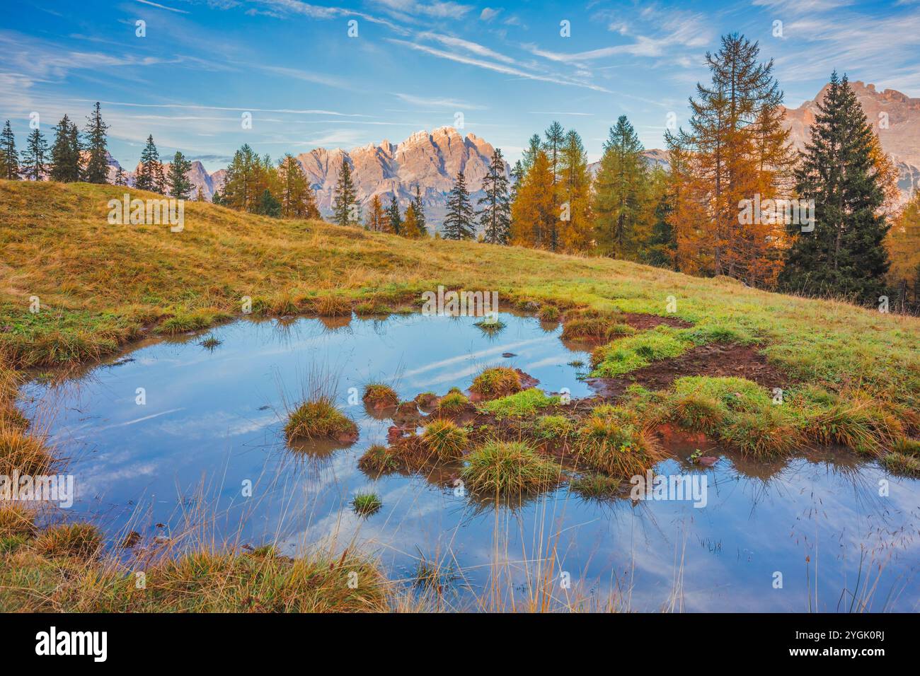 Piccolo specchio d'acqua nei pascoli di Malga Federa con il monte cristallo sullo sfondo, Cortina d'Ampezzo, provincia di Belluno, Veneto, Italia Foto Stock