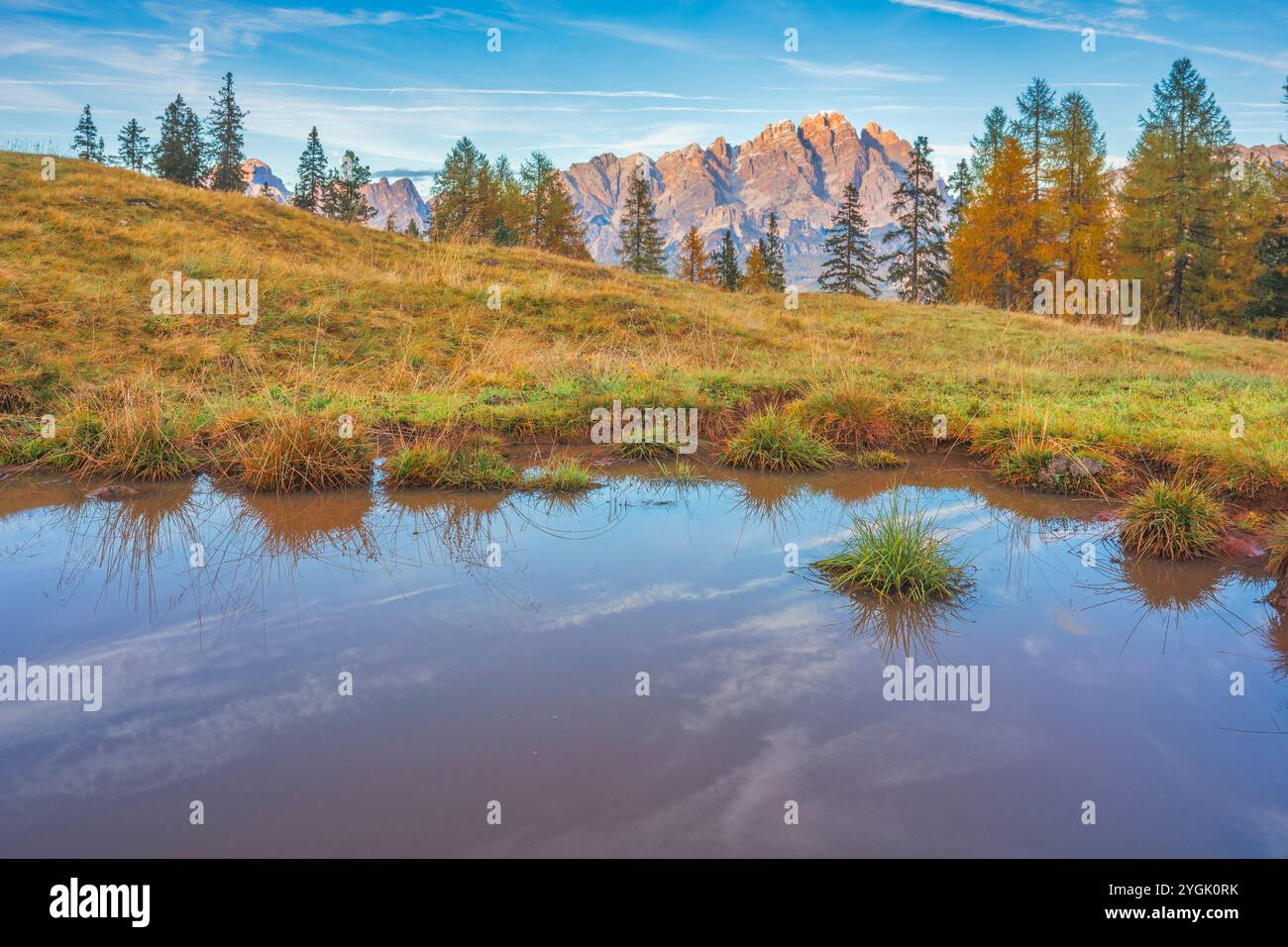 Piccolo specchio d'acqua nei pascoli di Malga Federa con il monte cristallo sullo sfondo, Cortina d'Ampezzo, provincia di Belluno, Veneto, Italia Foto Stock