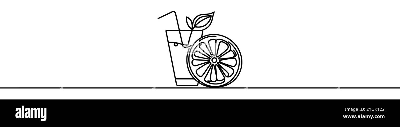 Illustrazione vettoriale minimalista di un bicchiere da cocktail con una fetta di limone, creato utilizzando una linea continua Illustrazione Vettoriale