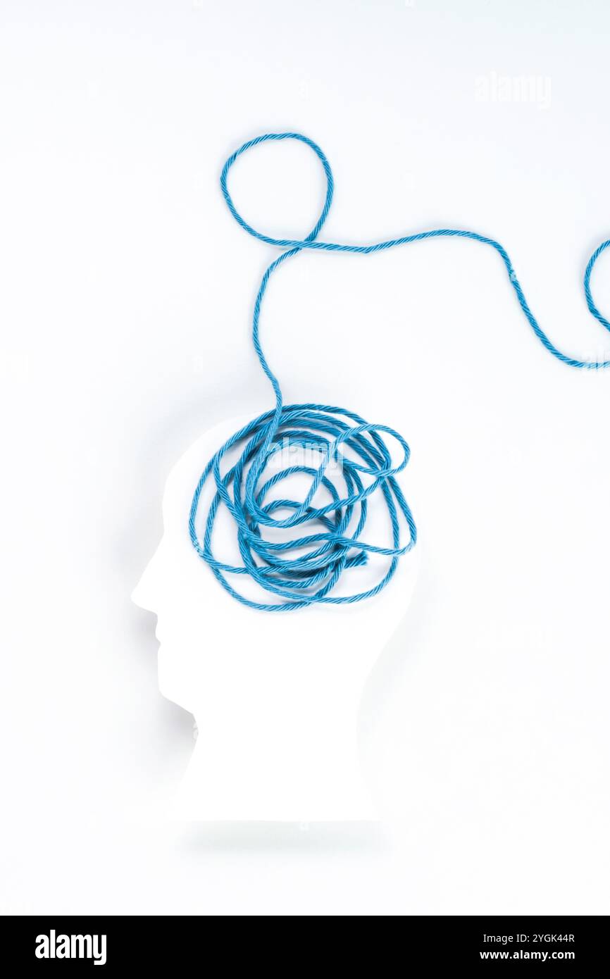 Silhouette di una testa umana con sfondo bianco con filo blu. Disturbo affettivo stagionale. Problemi di salute mentale. Il concetto "Blue Monday". vista dall'alto . Foto Stock