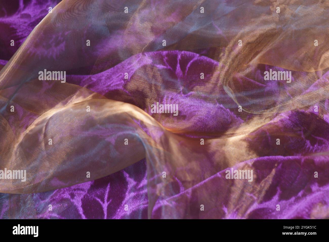 Lo sfondo viola e oro mostra vortici di tessuto con curve astratte. I colori e i tessuti si sovrappongono in contrasto scuro e chiaro con un effetto etereo. Foto Stock